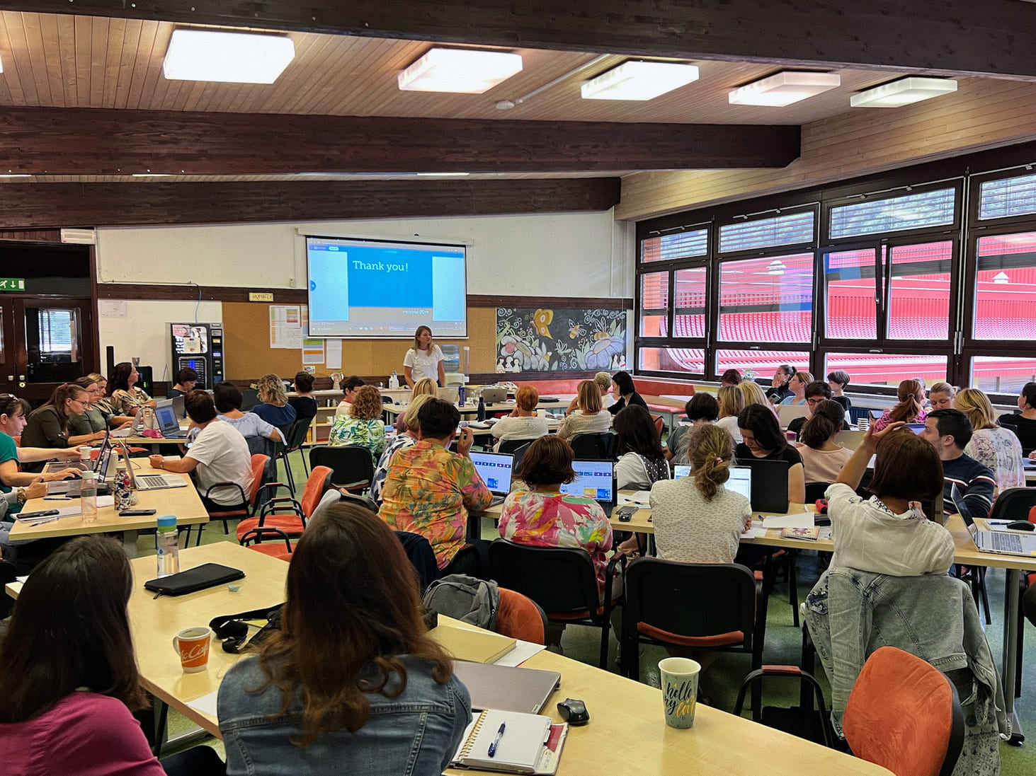 A big classroom of teachers using digital tools for education during A training conducted by Erasmus+ invited expert