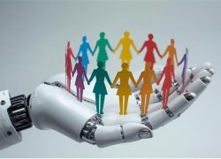 A robot’s hand holding papercut people figures in different colours presenting Artificial Intelligence supporting inclusion and diversity in the classroom for a course at Platform21 Teacher Training Centre.
