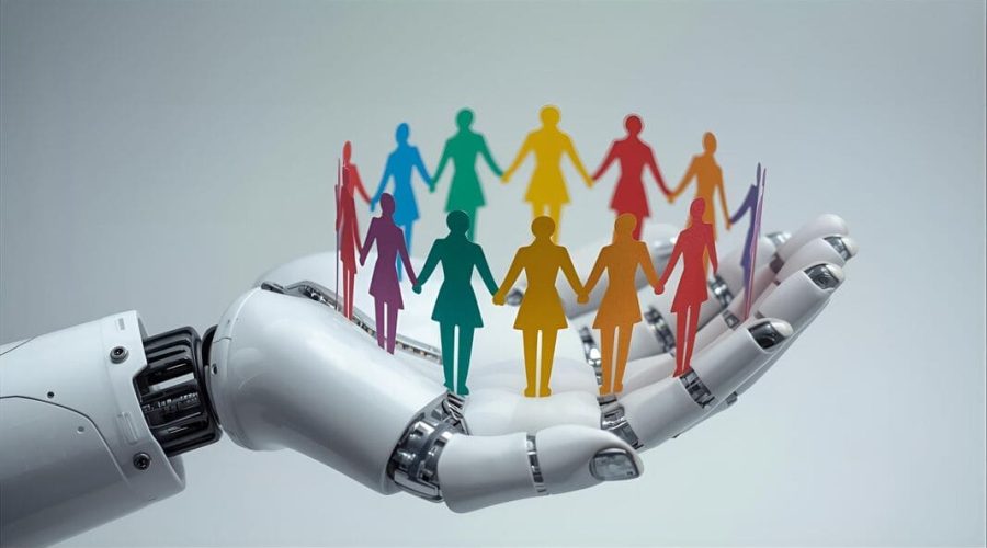 A robot’s hand holding papercut people figures in different colours presenting Artificial Intelligence supporting inclusion and diversity in the classroom for a course at Platform21 Teacher Training Centre.