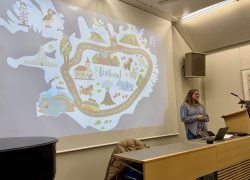 Platform21 lecture on the Icelandic education system in Reykjavik with an illustrated map projected