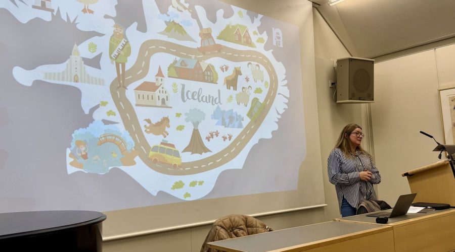 Platform21 lecture on the Icelandic education system in Reykjavik with an illustrated map projected