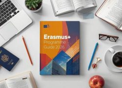 Erasmus+ Programme Guide 2026 on a desk beside a laptop, books, coffee and passports
