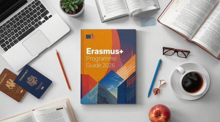 Erasmus+ Programme Guide 2026 on a desk beside a laptop, books, coffee and passports