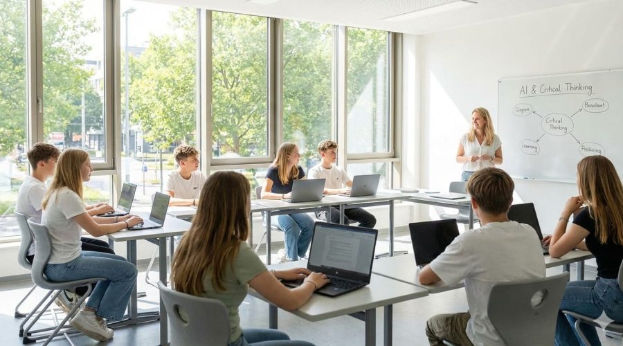 Students in a bright classroom working on laptops while a teacher leads a lesson on AI literacy and critical thinking.